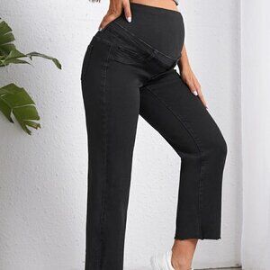 Black Casual Womens Maternity Wideband Waist Raw Hem Jeans